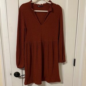 Zara Women's Long Sleeve Ribbed Rust Dress